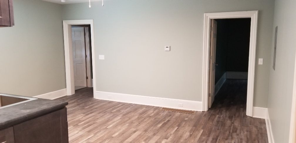 Interior room with sage green walls, wood-look flooring, and two doorways.