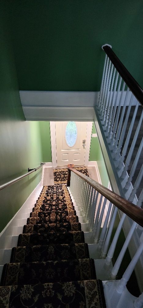 A staircase with patterned carpet and white railings, viewed from above, with green walls and ceiling.