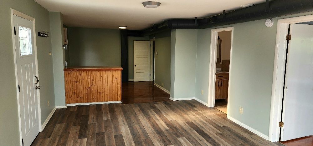 Interior view of a room with wooden floor and green walls. A wooden counter and door are visible.
