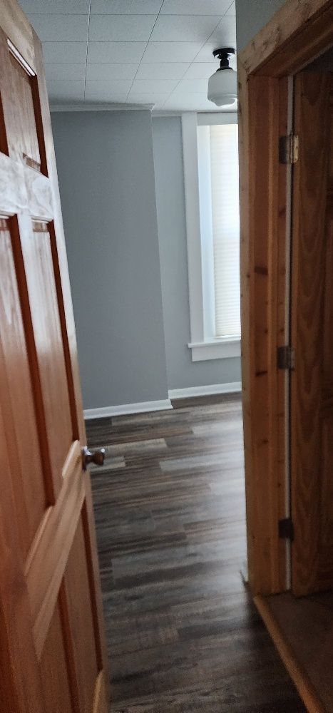 Wooden doors frame the entrance to a room with gray walls, a window, and wood-look flooring.