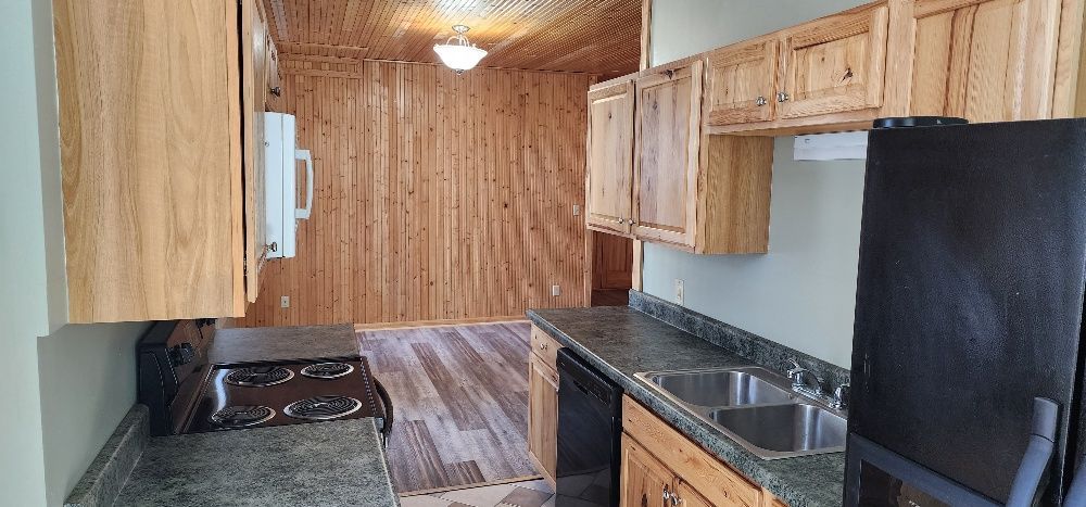 Kitchen with wood paneling on the walls and cabinets, black appliances, and a double sink.