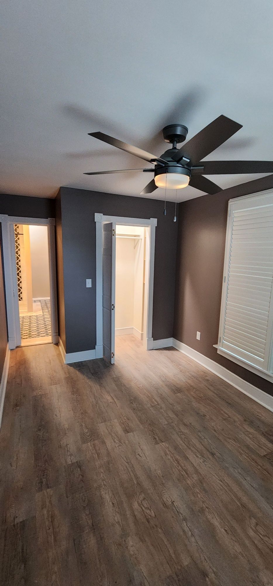 Room with dark brown walls, light wood-look floor, and white trim. Ceiling fan and open doorways visible.