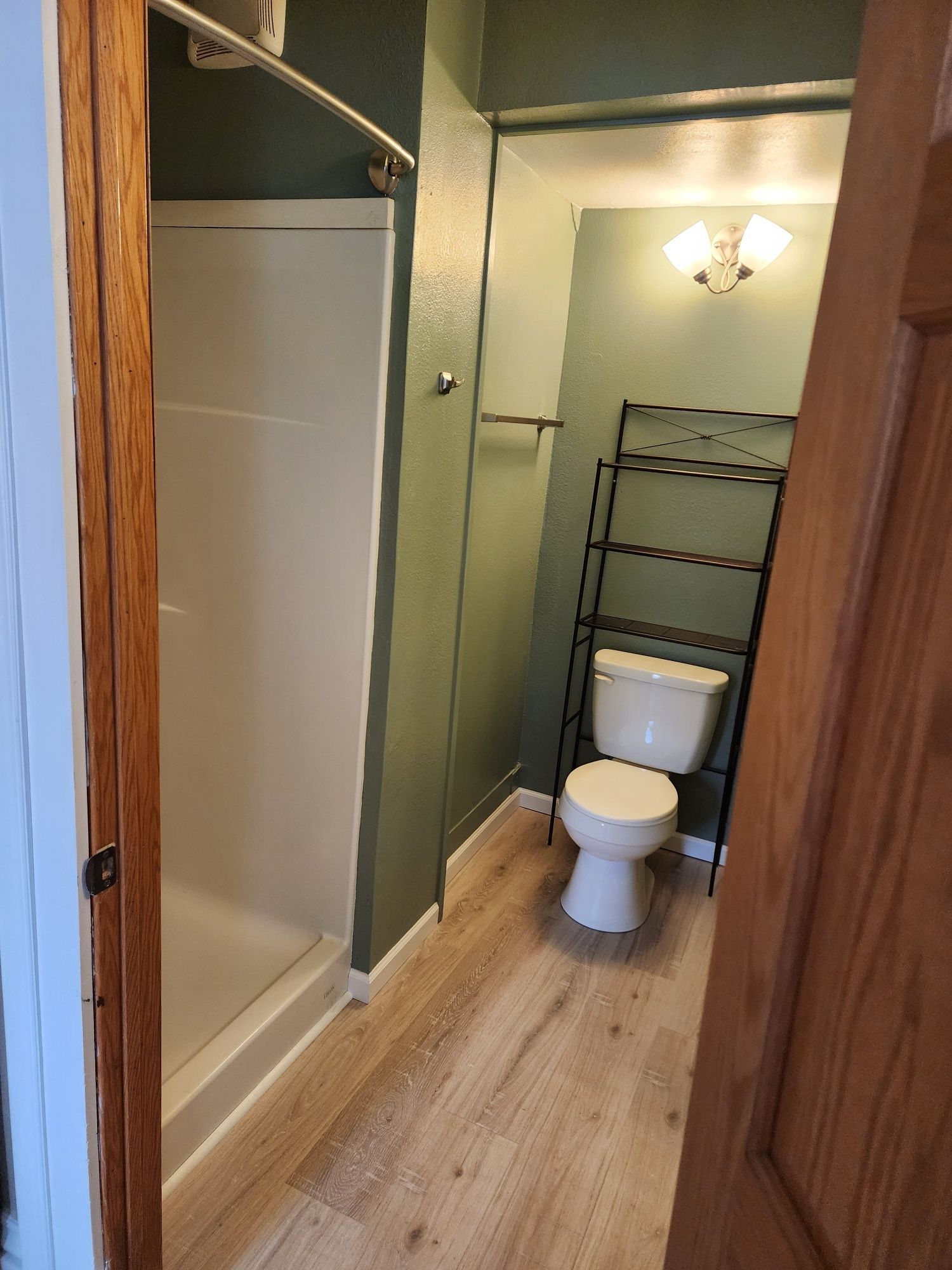 Bathroom with a shower, toilet, and shelves; green walls and wood-look flooring.