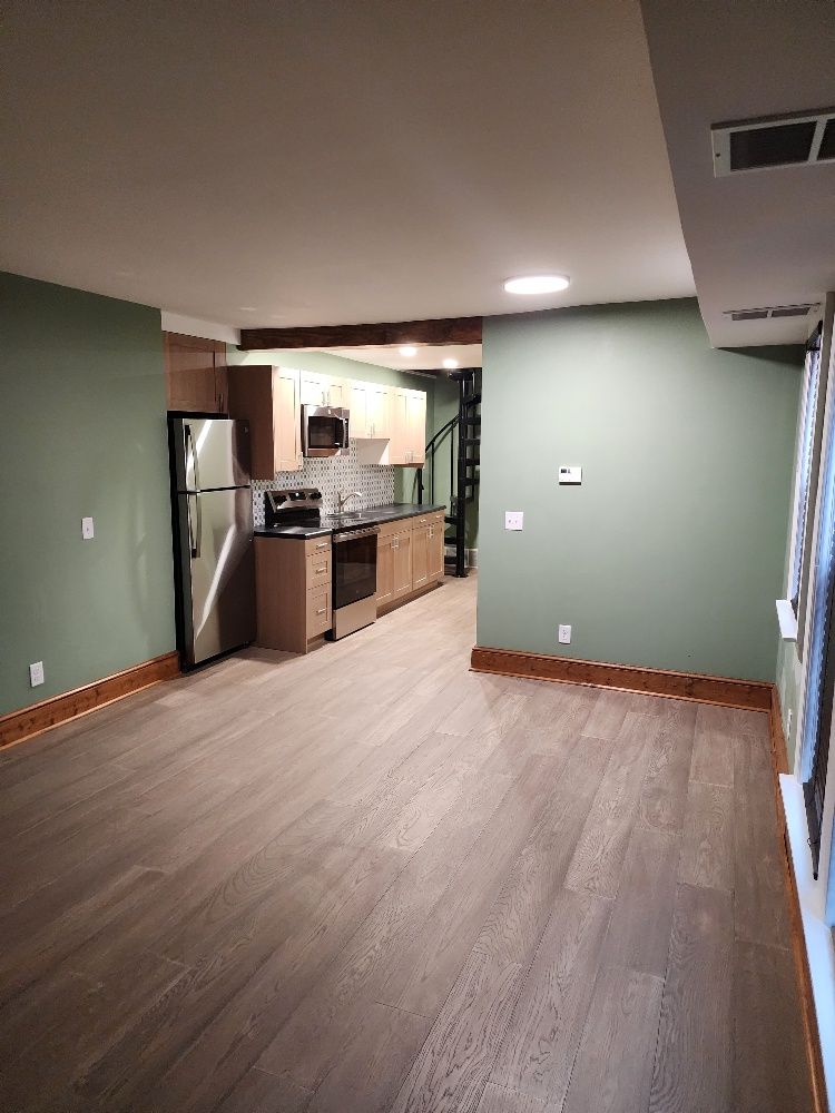 Spacious modern apartment interior with kitchen, stainless steel appliances, and wood flooring. Olive green walls.