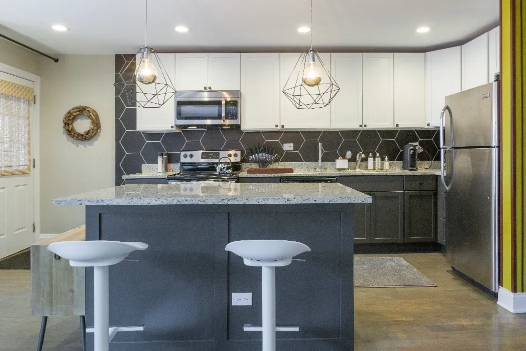 Interior of kitchen with granite countertops