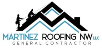 Logo of Martinez Roofing NW LLC with roofers and roof outline. Turquoise and black colors.
