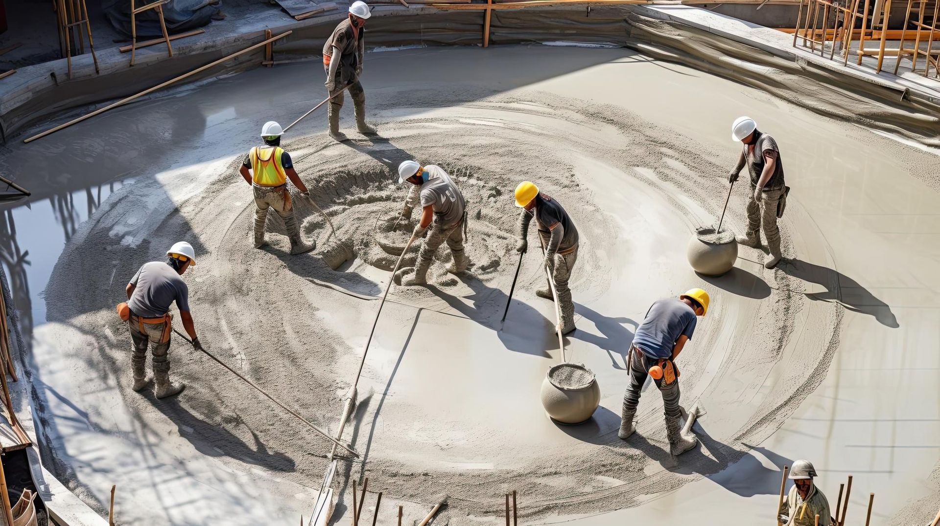 A group of construction workers are working on a concrete floor.