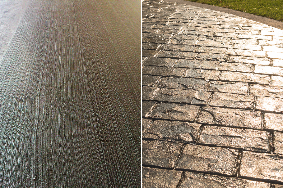 A modern home with a freshly installed broom finish concrete driveway.