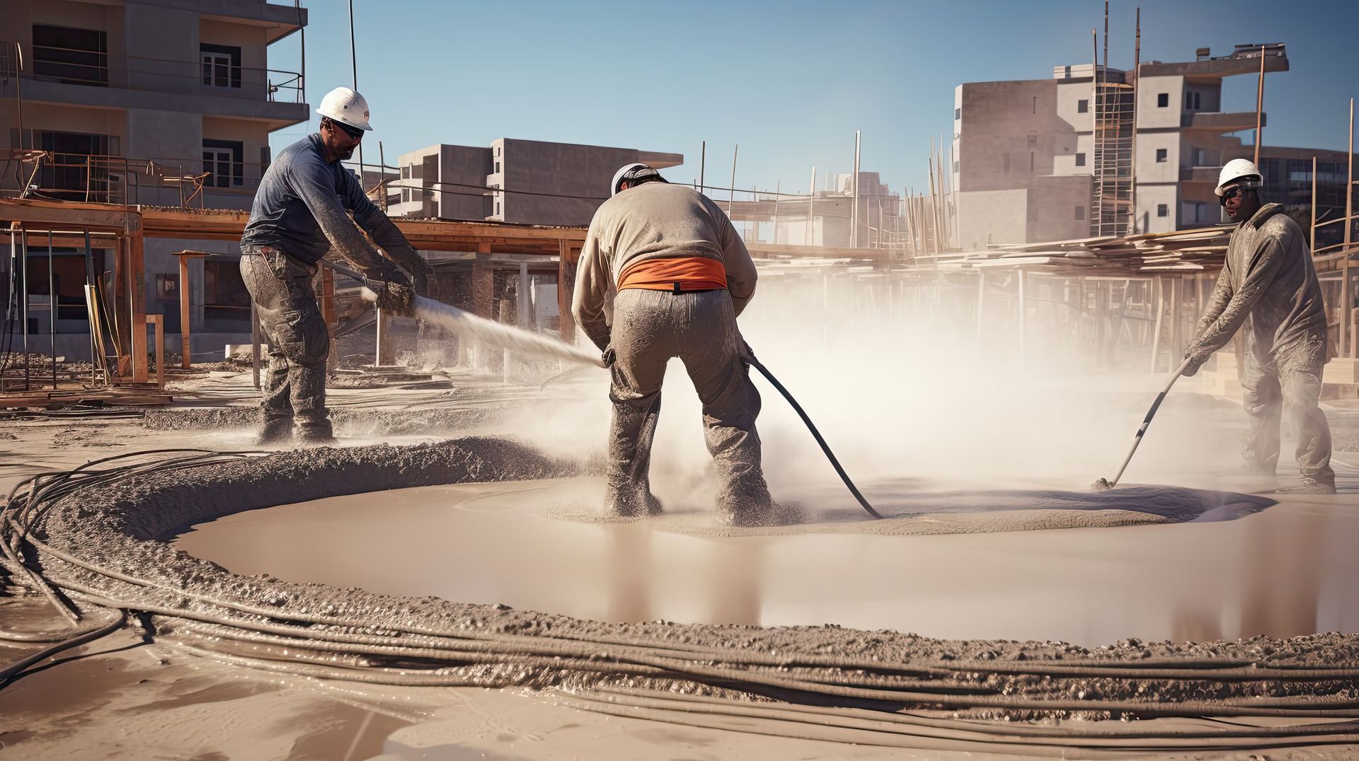 A group of construction workers are spraying concrete on a construction site.