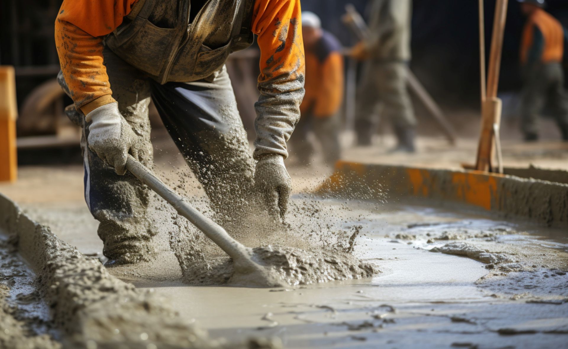 A construction worker is spreading concrete on the ground with a shovel.