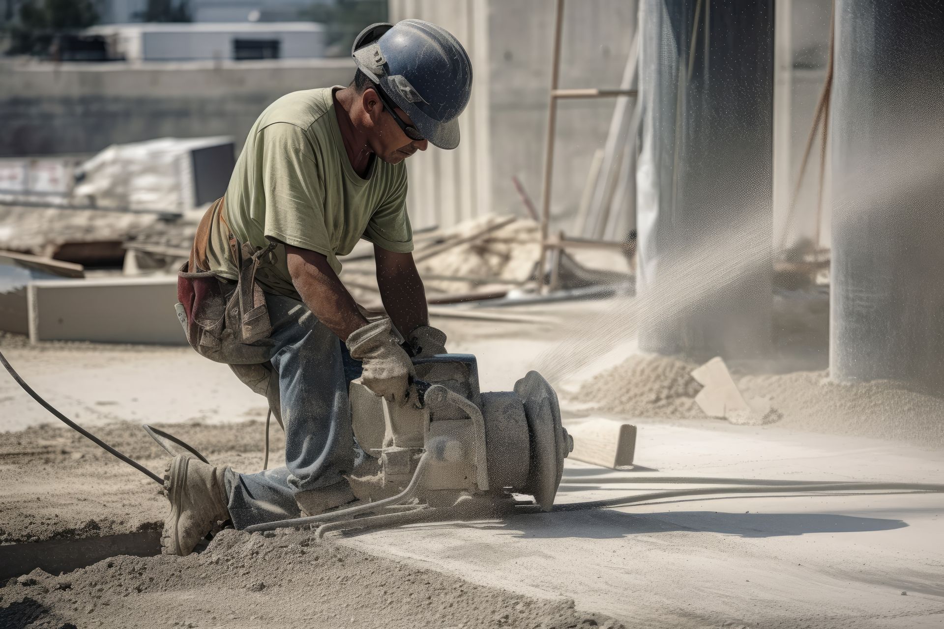A construction worker is cutting concrete with a saw on a construction site.