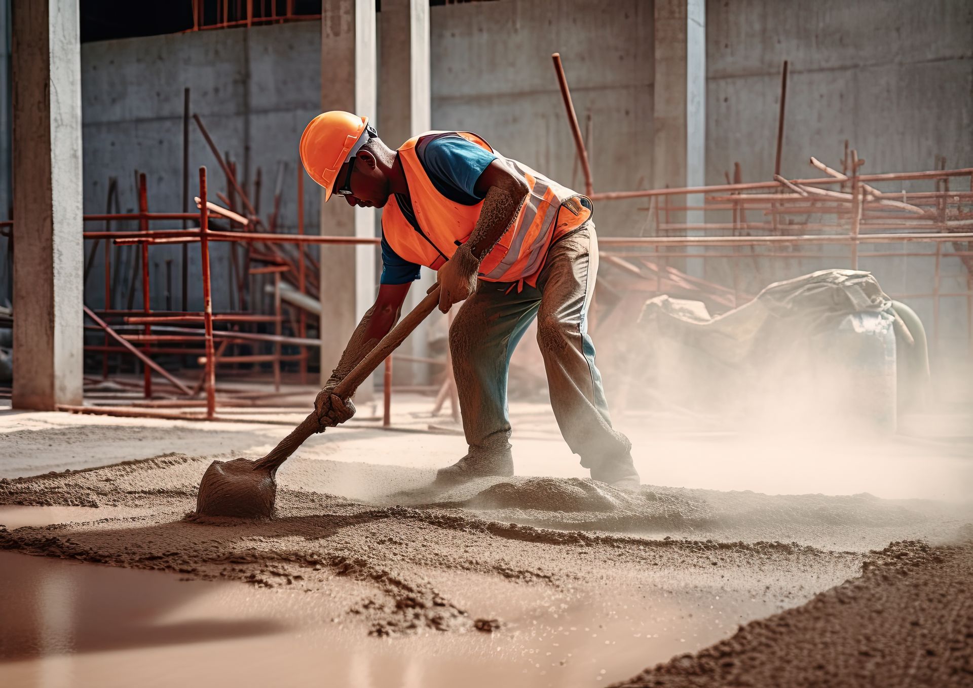 A construction worker is shoveling concrete on a construction site.