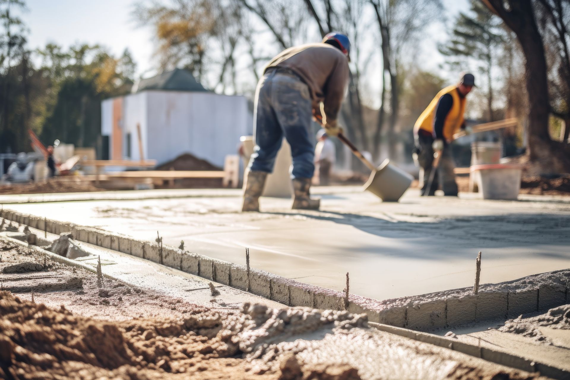 A group of construction workers are working on a concrete floor.