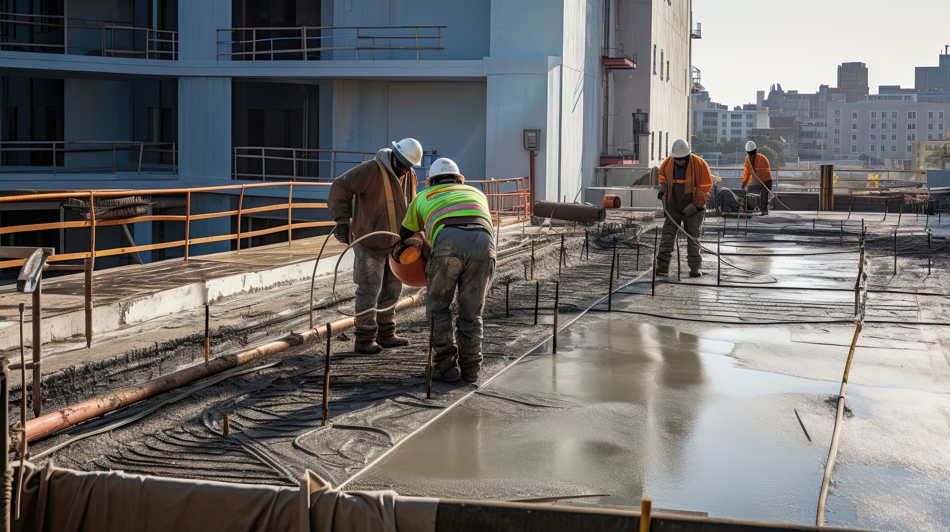 A group of construction workers are working on a concrete floor.