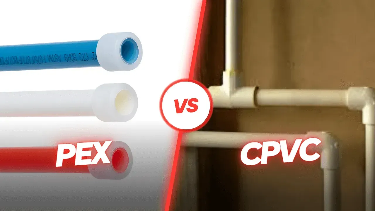 Comparison graphic showing colorful PEX tubing on the left versus rigid, cream-colored CPVC piping on the right.
