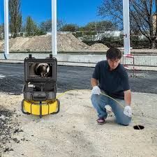 A technician kneels outdoors, feeding a flexible cable into a hole while monitoring a sewer inspection camera on a display.