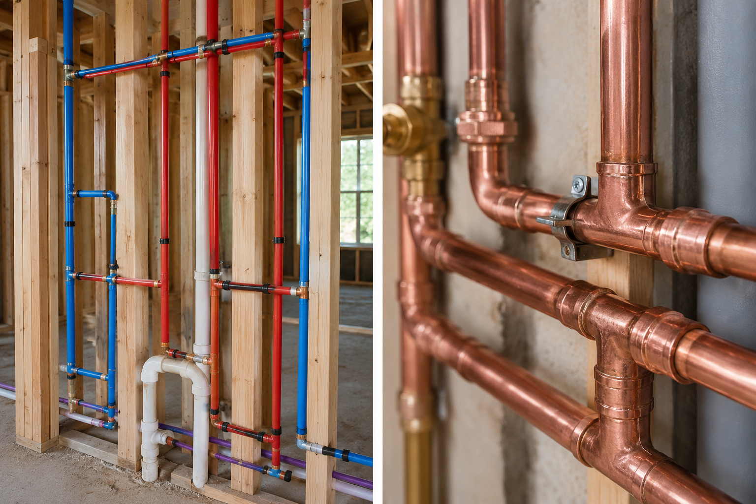 Copper and PEX plumbing pipes installed in a framed wall, shown in close-up and wide view.
