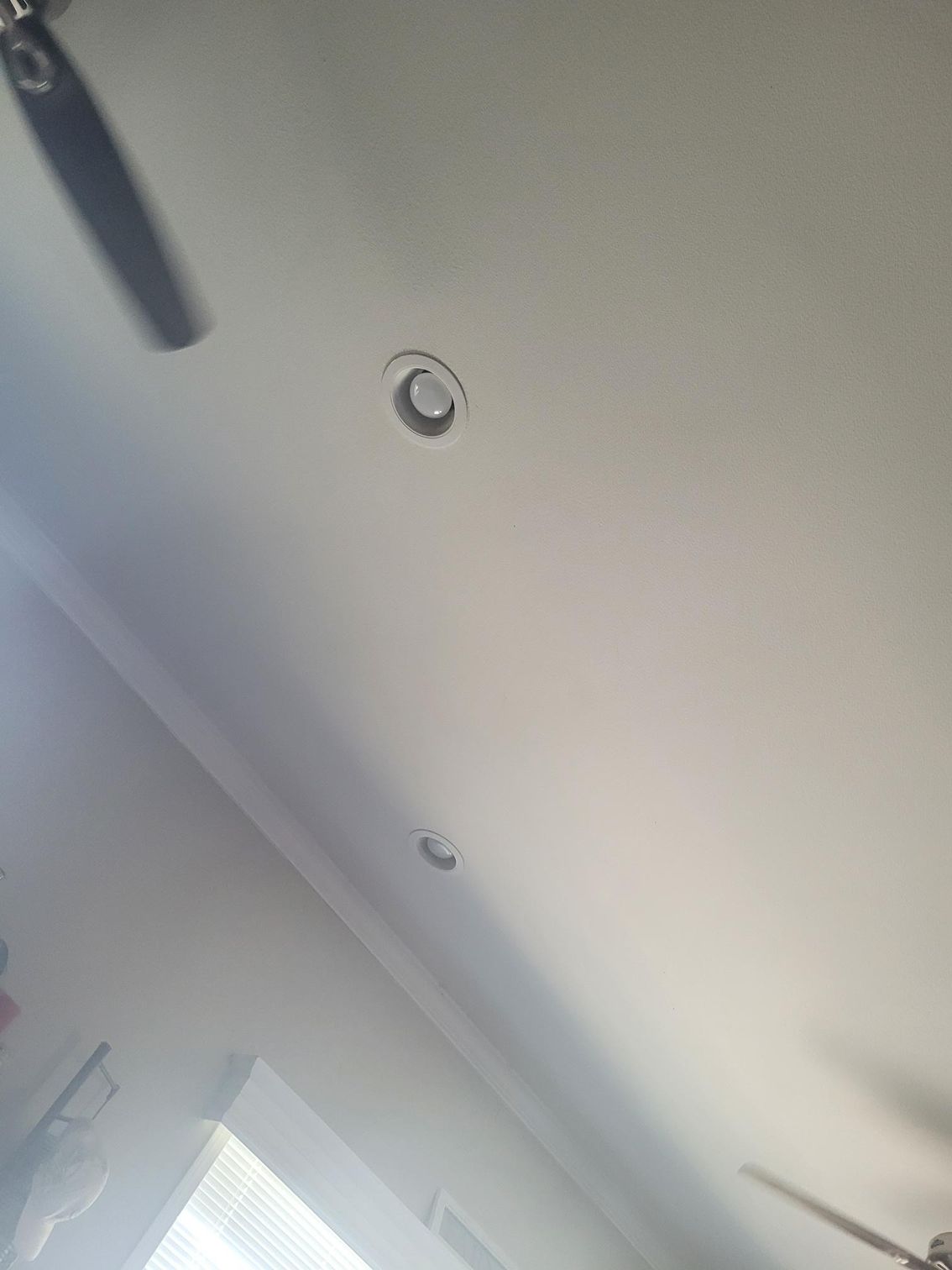 White ceiling with three recessed lights and a ceiling fan.