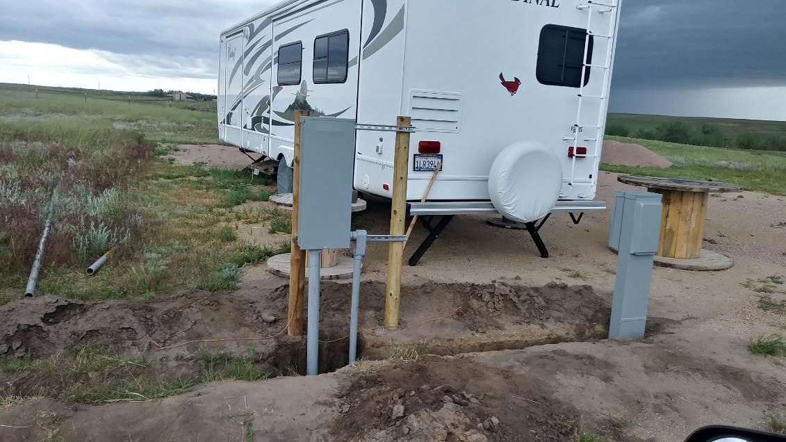 RV parked at a campsite with electrical hookup, gray cloudy sky overhead.