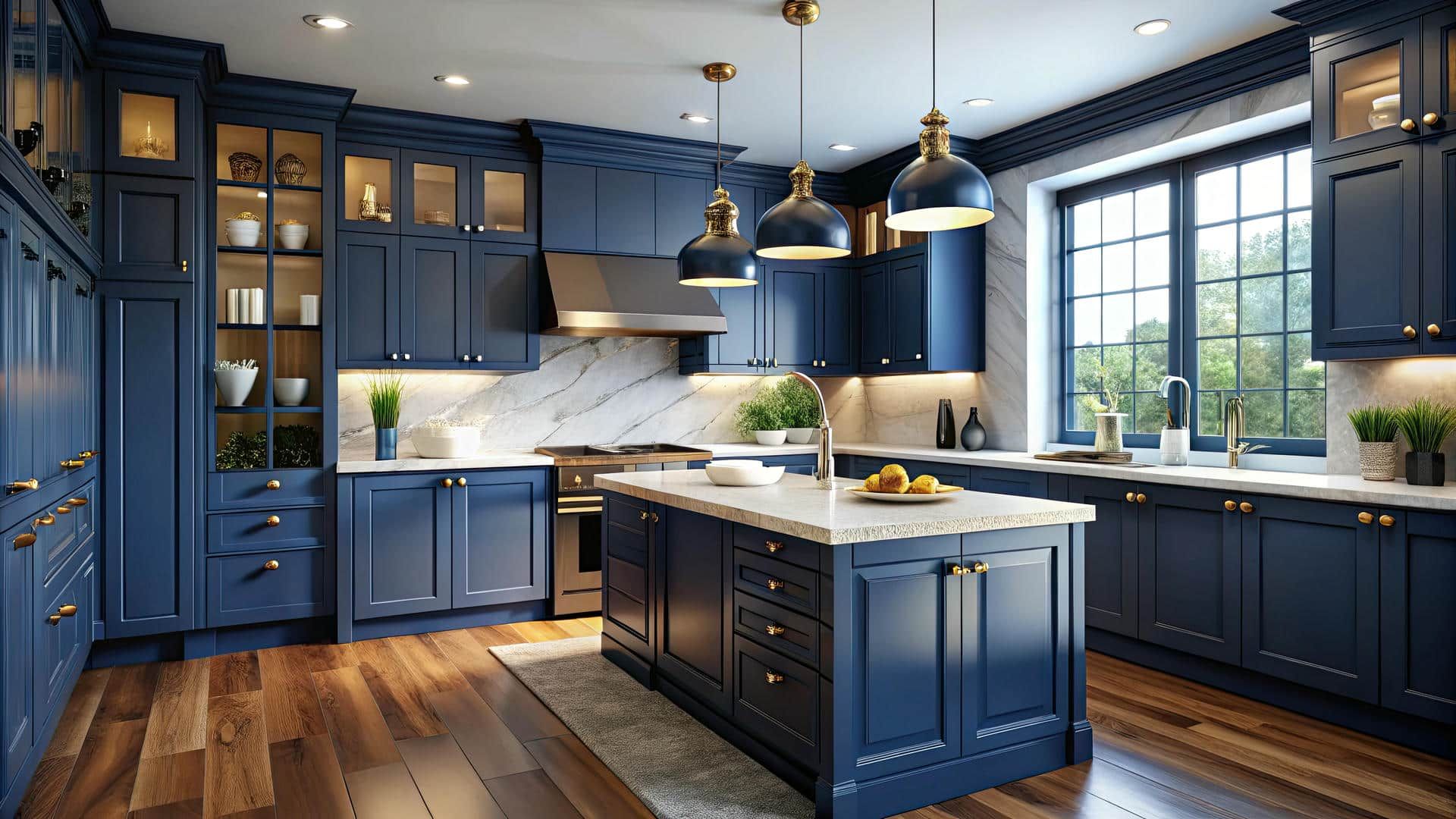 Navy blue kitchen with island and gold accents; hardwood floors and marble countertops.