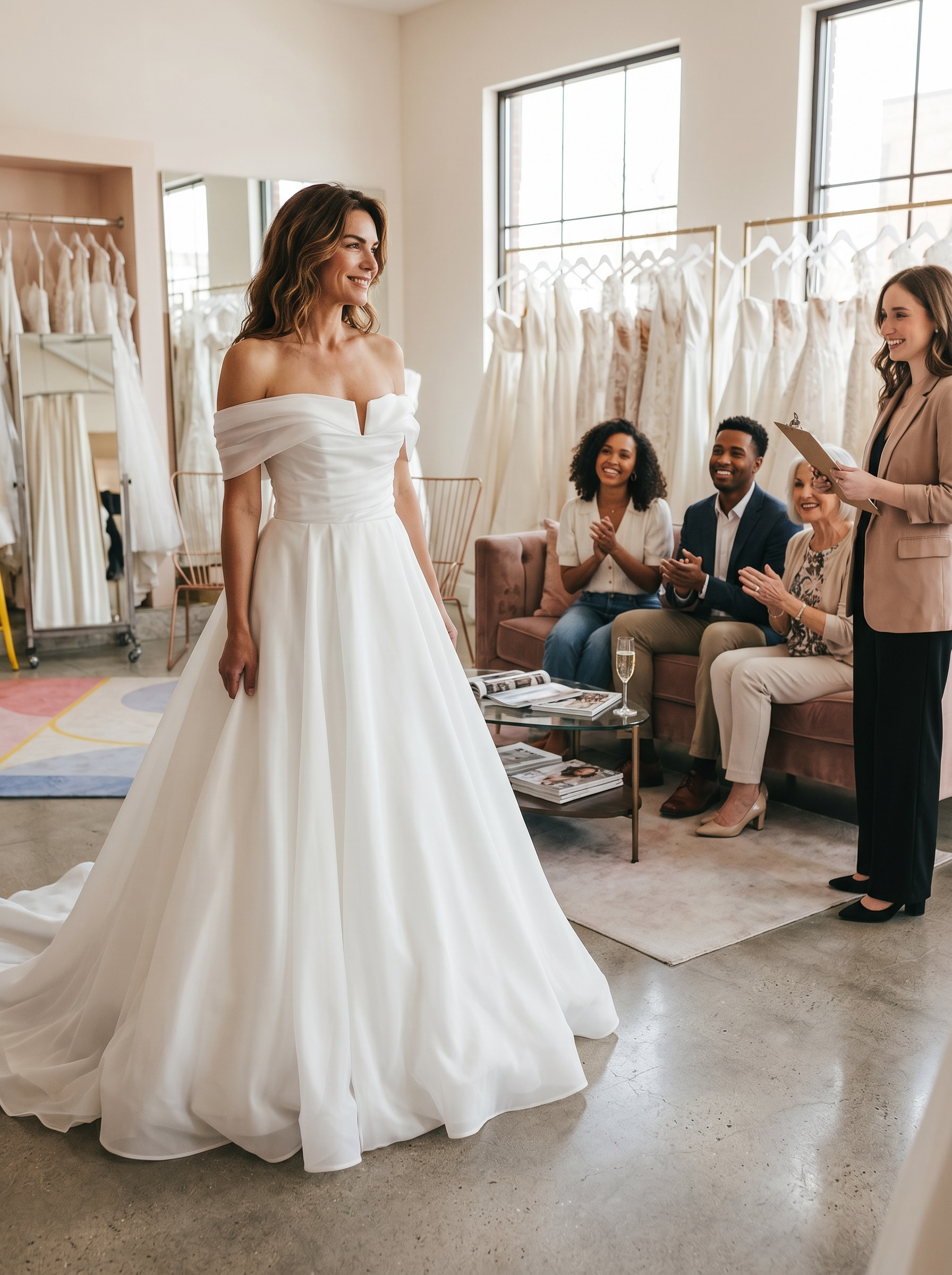 Braut bei einer Brautkleid-Anprobe mit Familie und Freundinnen im Brautmodengeschäft
