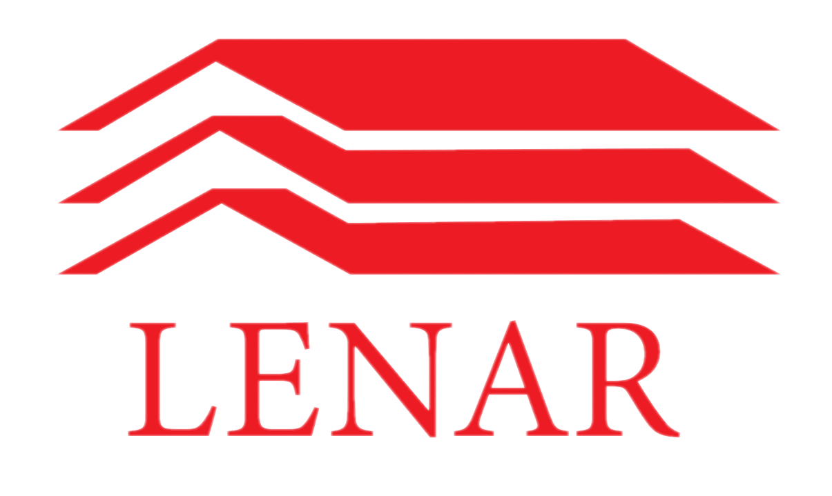 A red and white lenar logo on a white background