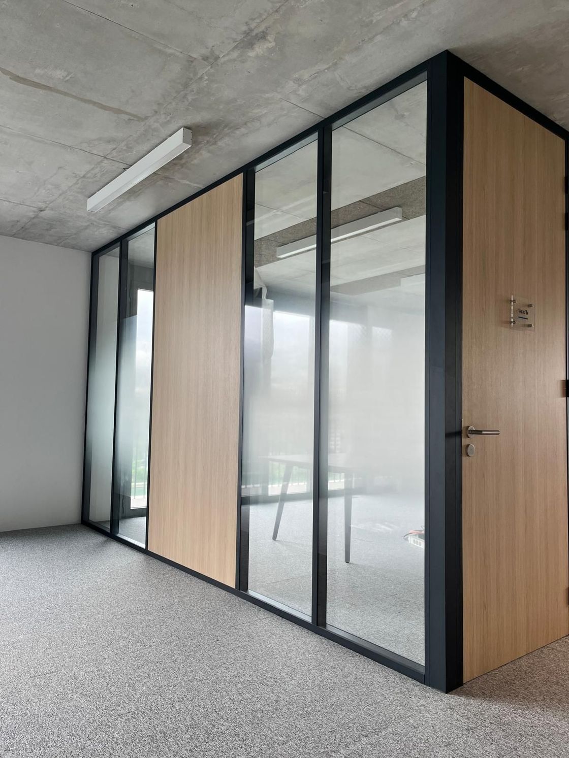 A room with a glass wall and a wooden door.