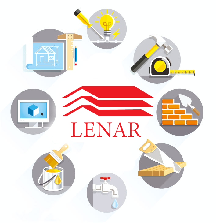 A lenar logo is surrounded by construction icons