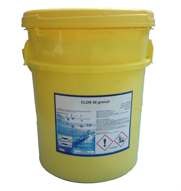 Un secchio giallo con un'etichetta che dice clch 50 granuli