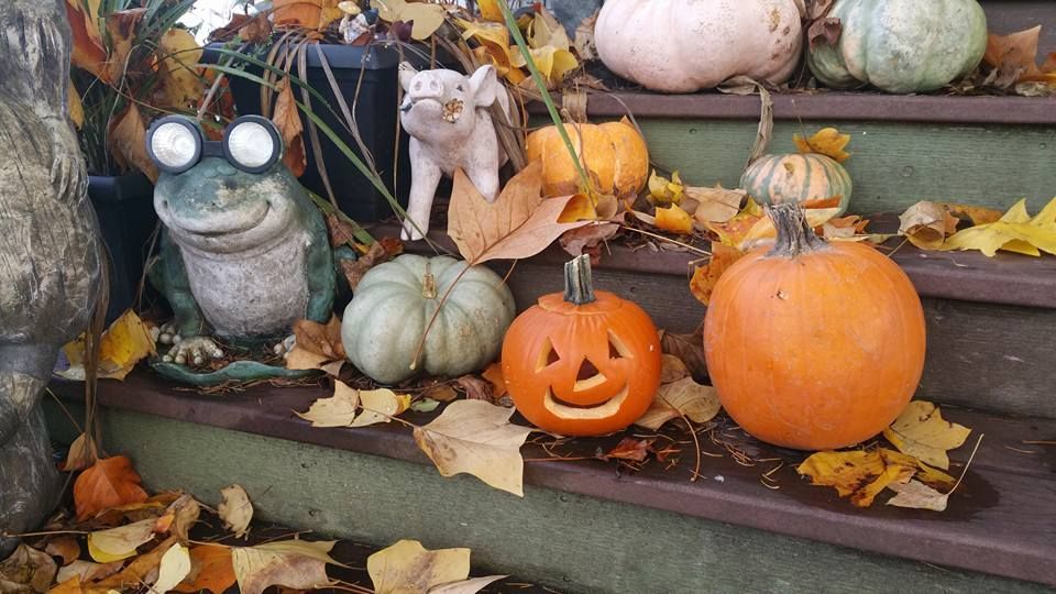Decorated porch steps with pumpkins, leaves, and a frog statue.