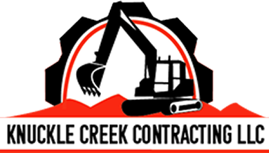 Knuckle Creek Contracting LLC logo with black excavator and red accents