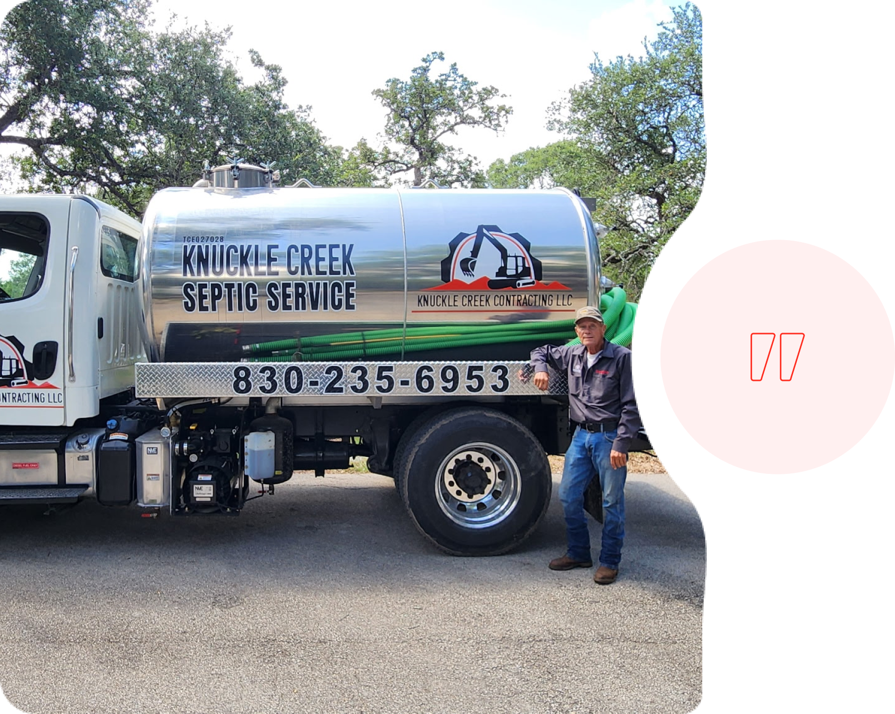 Knight's Creek Septic Service truck with man standing beside it on a sunny road.