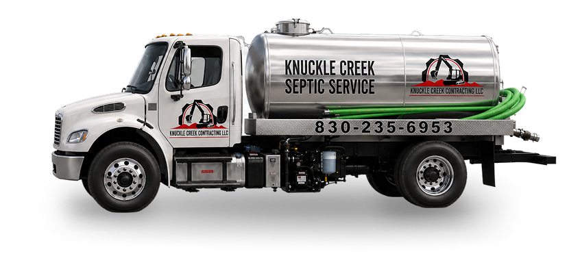 White septic service truck with company logo and green hose on the back