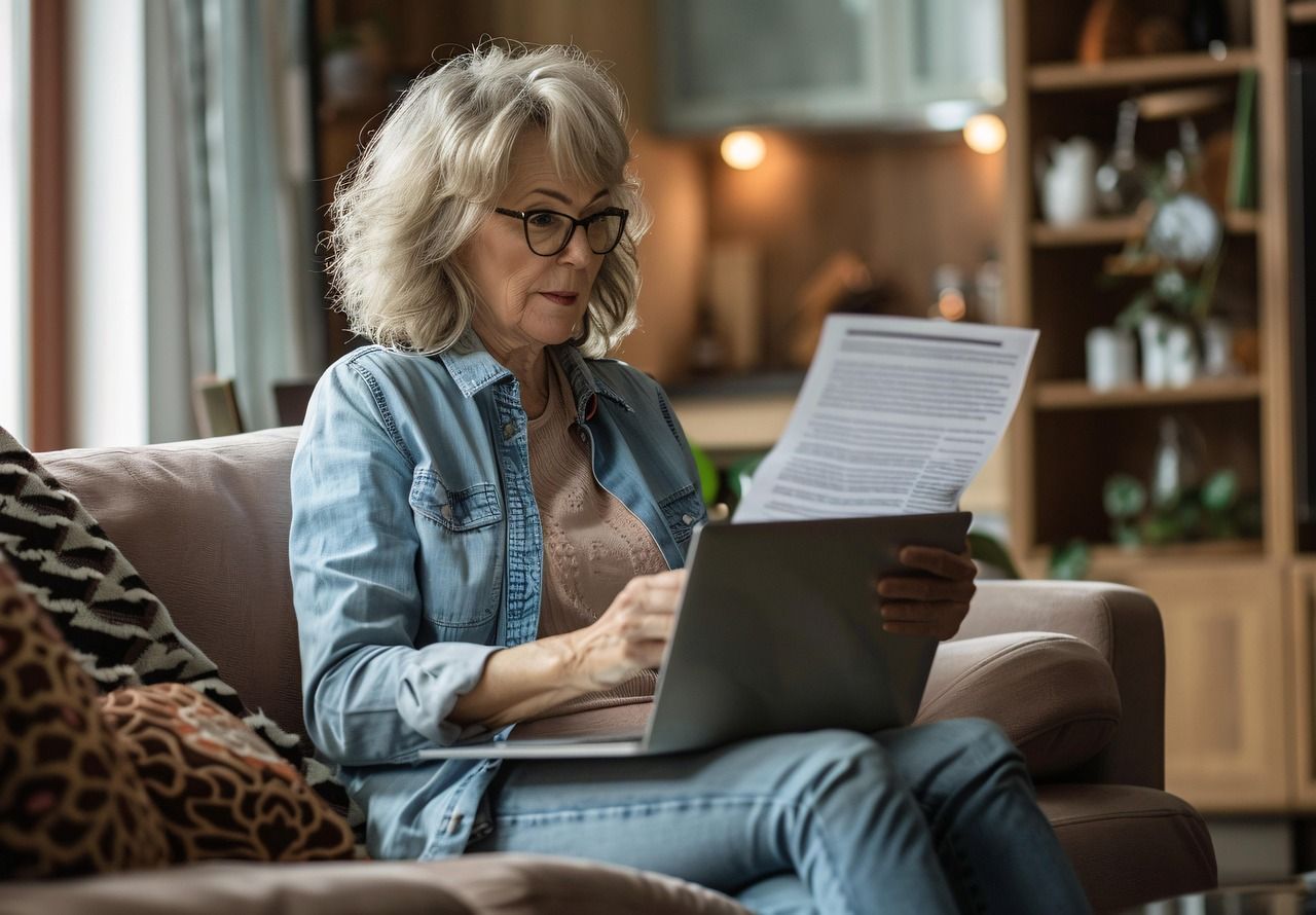 An older woman is sitting on a couch using a laptop and a tablet.