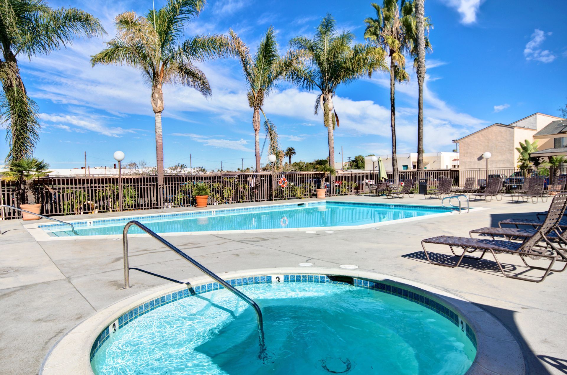 a swimming pool with a hot tub and palm trees in the background