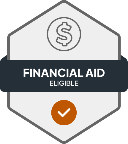Badge: Financial Aid Eligible, blue banner, building icon, dollar sign.