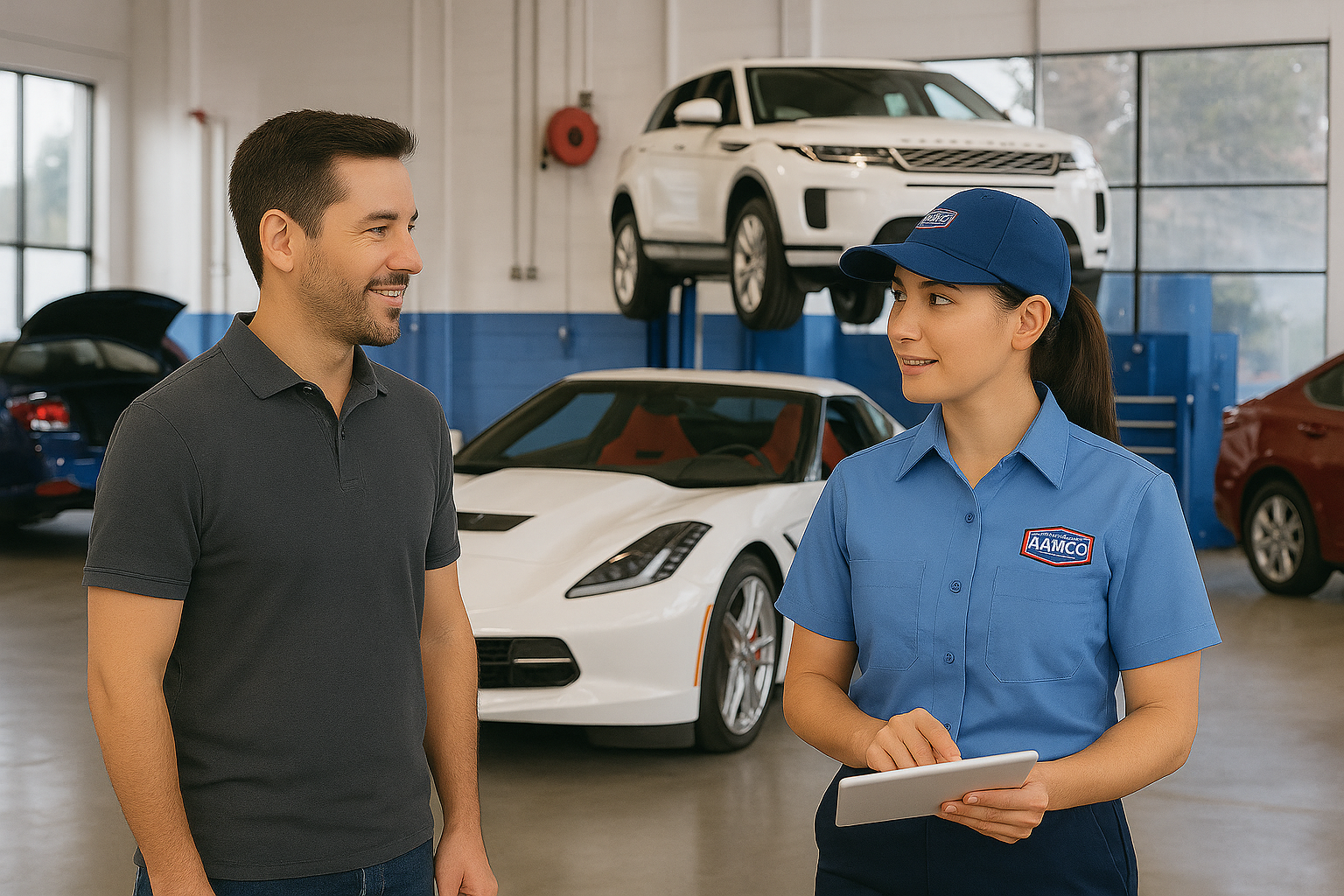 Man talking with auto mechanic in a car repair shop. White sports car and SUV are in the background.