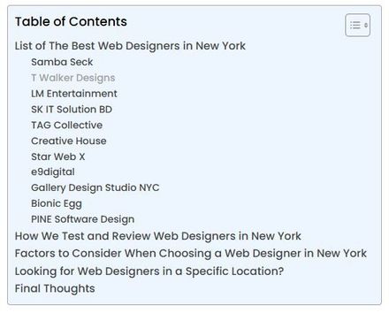 A table of contents lists the best web designers in new york