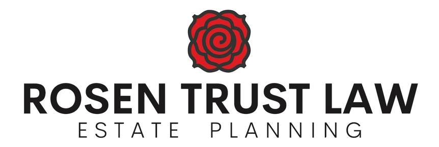 The logo for rosen trust law estate planning has a red rose on it.