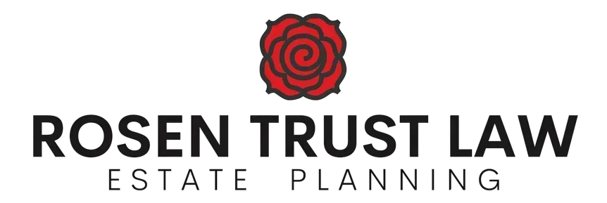 The logo for rosen trust law estate planning has a red rose on it.