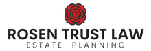 The logo for rosen trust law estate planning has a red rose on it.