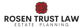 The logo for rosen trust law estate planning has a red rose on it.