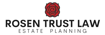 The logo for rosen trust law estate planning has a red rose on it.