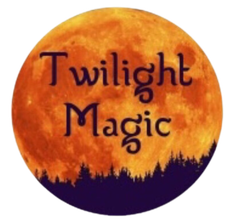Twilight magic logo with a full moon in the background