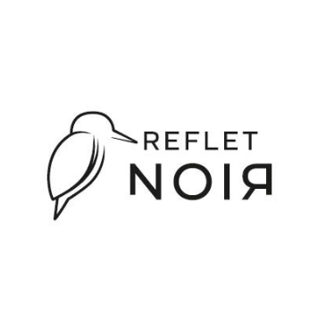 Logo avec « REFLET » en haut et « NOIR » en lettres blanches grasses, sur un fond turquoise.