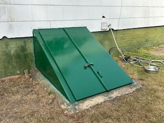Green cellar door on a concrete foundation, next to a white house wall on a grassy lawn.