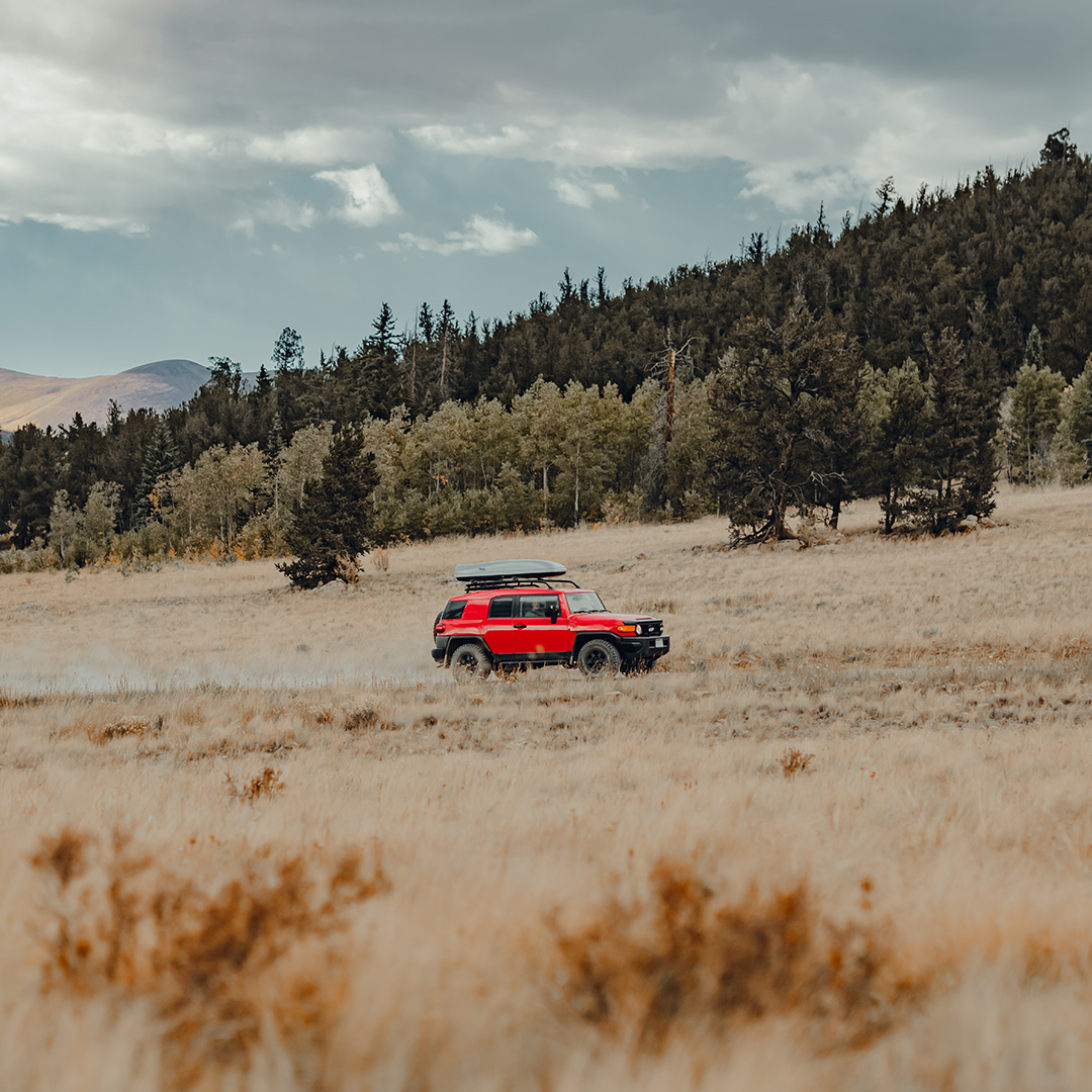 Red off-road vehicle driving through a grassy field with trees under a cloudy sky.