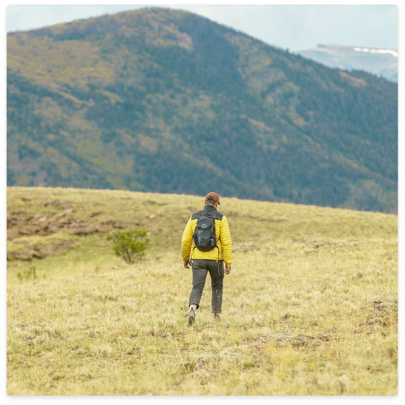 Person hiking on a grassy hill with a mountain in the background. They wear a yellow jacket and backpack.