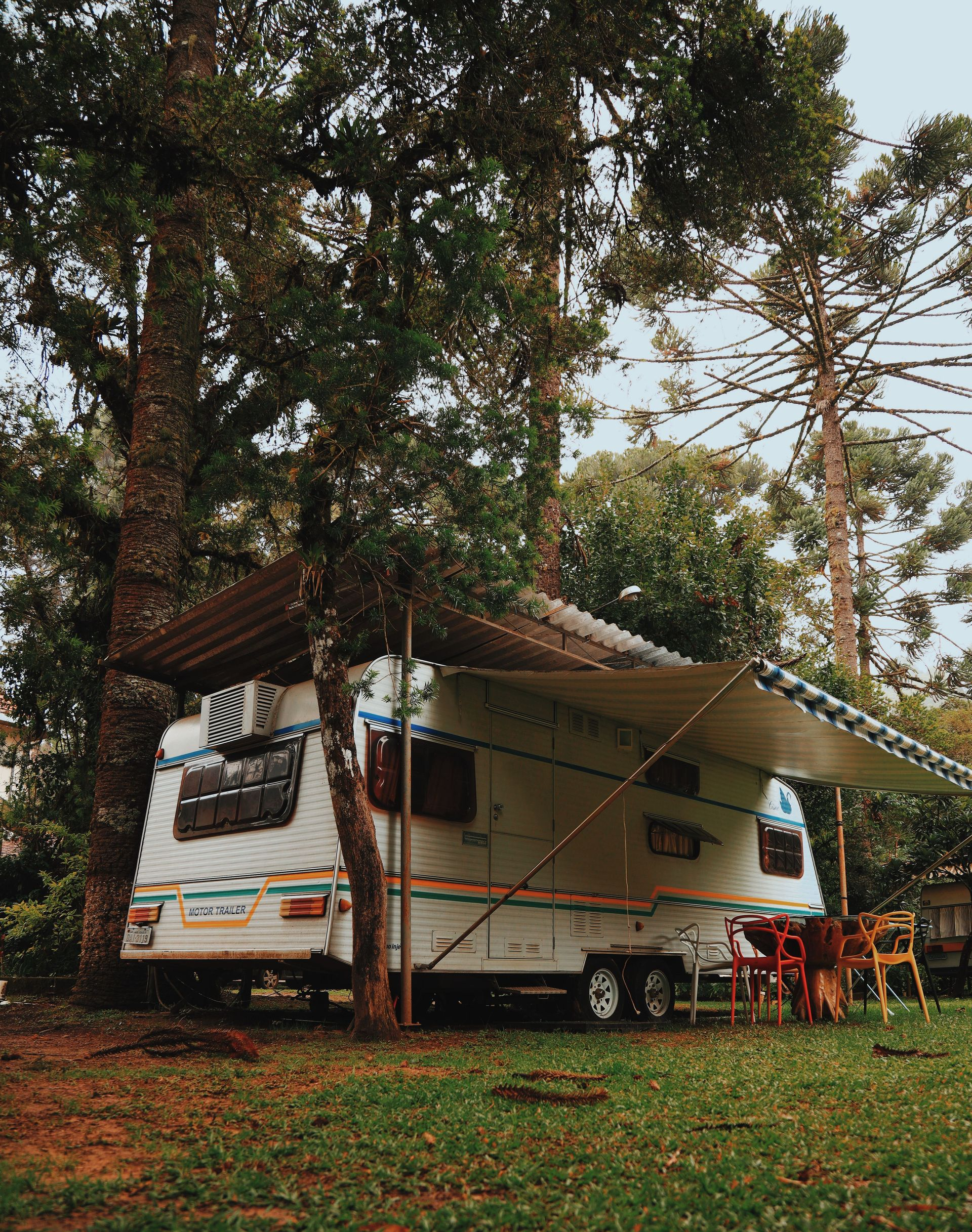 Camper trailer under trees at a grassy campsite, with awning and red chairs outside
