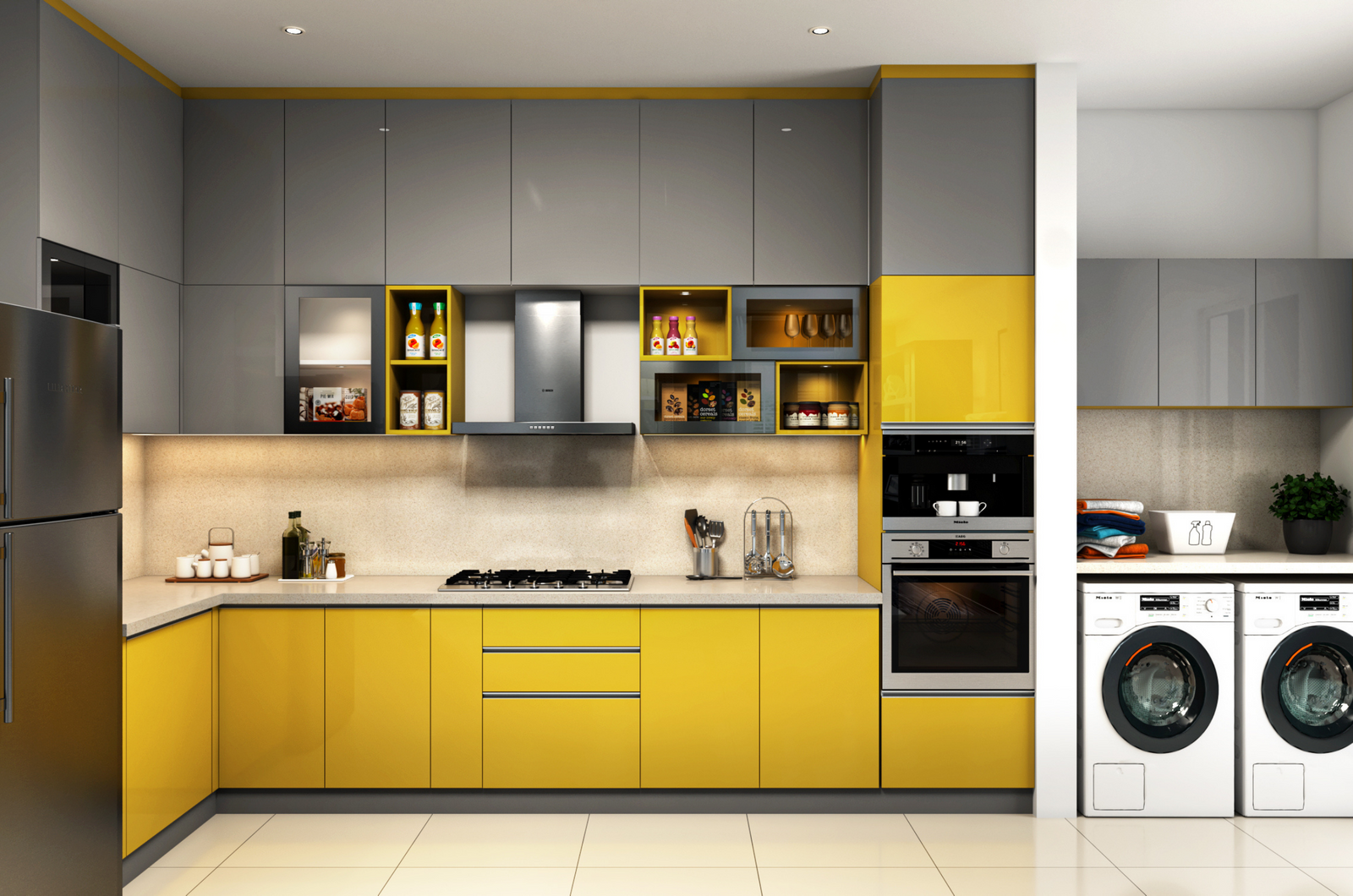 A kitchen with yellow cabinets and gray cabinets and a washer and dryer.